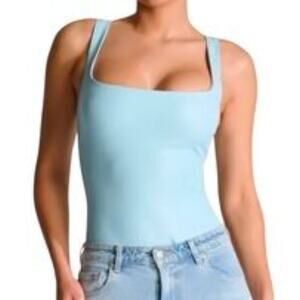 Naked‎ Wardrobe Blue Faux Leather Bodysuit Square Neck Sleeveless Tank Medium